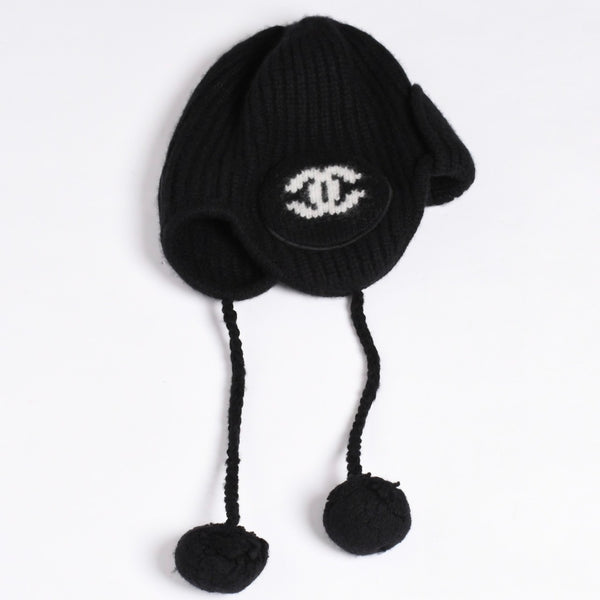 New and unused CHANEL 26AW flight cap pilot cap with bonbon knit cap AAB271 here mark cashmere silk black used 4a001771