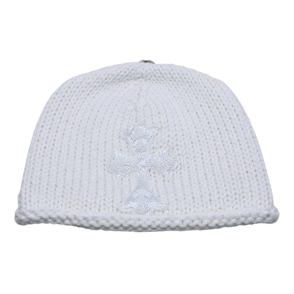 新品未使用 CHROME HEARTS クロムハーツ カシミヤ ビーズクロスパッチ ビーニー ニットキャップ ONE SIZE 22cm ホワイト 中古 4a002524