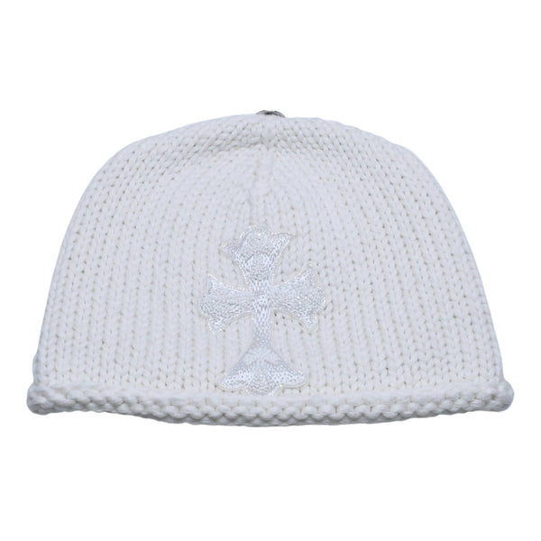新品未使用 CHROME HEARTS クロムハーツ カシミヤ ビーズクロスパッチ ビーニー ニットキャップ ONE SIZE 22cm ホワイト 中古 4a002524
