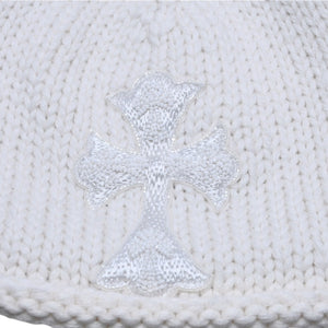 新品未使用 CHROME HEARTS クロムハーツ カシミヤ ビーズクロスパッチ ビーニー ニットキャップ ONE SIZE 22cm ホワイト 中古 4a002524