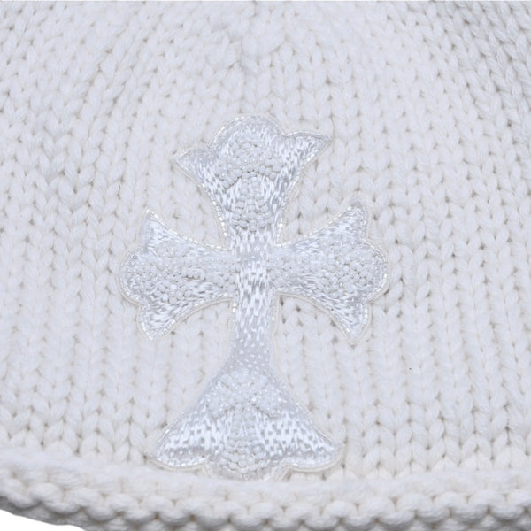 新品未使用 CHROME HEARTS クロムハーツ カシミヤ ビーズクロスパッチ ビーニー ニットキャップ ONE SIZE 22cm ホワイト 中古 4a002524