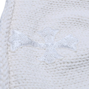新品未使用 CHROME HEARTS クロムハーツ カシミヤ ビーズクロスパッチ ビーニー ニットキャップ ONE SIZE 22cm ホワイト 中古 4a002524
