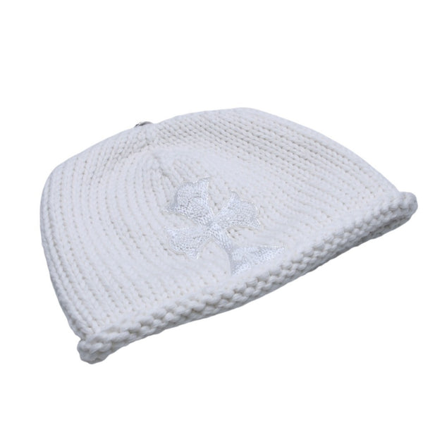 新品未使用 CHROME HEARTS クロムハーツ カシミヤ ビーズクロスパッチ ビーニー ニットキャップ ONE SIZE 22cm ホワイト 中古 4a002524