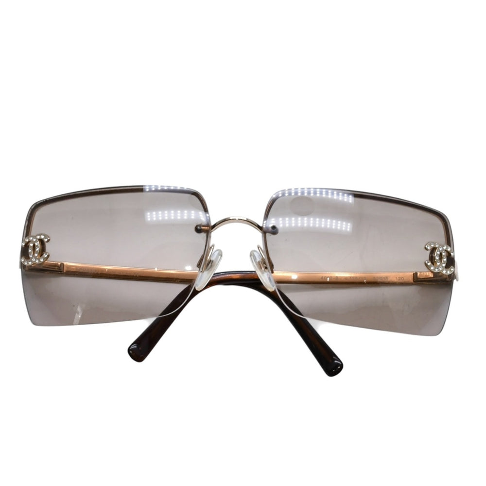 CHANEL Half Rim Sunglasses Eyewear 4092-B c.125/12 Size 62□15 120 Coco Mark Rhinestone Gold Good Condition Used 4a002137