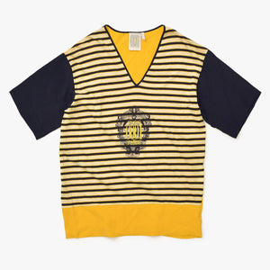 極美品 STUDIO 0001 BY FERRE スタジオゼロゼロゼロワンバイフェレ Vネック半袖カットソー 刺繍ワッペン Tシャツ イエロー ブラック 中古 4a002143