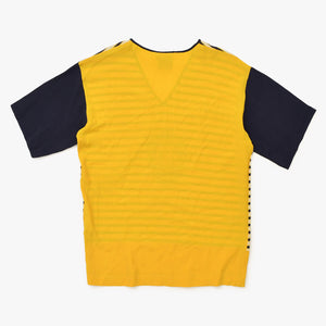極美品 STUDIO 0001 BY FERRE スタジオゼロゼロゼロワンバイフェレ Vネック半袖カットソー 刺繍ワッペン Tシャツ イエロー ブラック 中古 4a002143