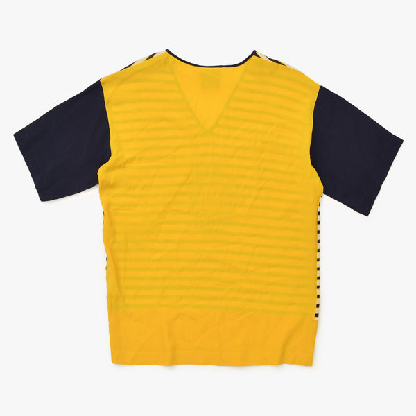 極美品 STUDIO 0001 BY FERRE スタジオゼロゼロゼロワンバイフェレ Vネック半袖カットソー 刺繍ワッペン Tシャツ イエロー ブラック 中古 4a002143