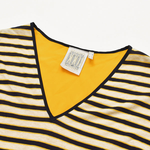 極美品 STUDIO 0001 BY FERRE スタジオゼロゼロゼロワンバイフェレ Vネック半袖カットソー 刺繍ワッペン Tシャツ イエロー ブラック 中古 4a002143