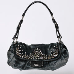 Very good condition PRADA velor one shoulder bag bijou rhinestone logo dark green silver hardware used 4a002150