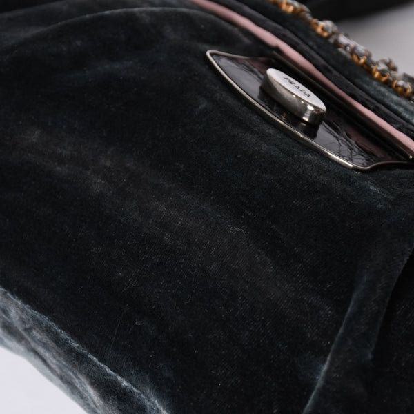 Very good condition PRADA velor one shoulder bag bijou rhinestone logo dark green silver hardware used 4a002150