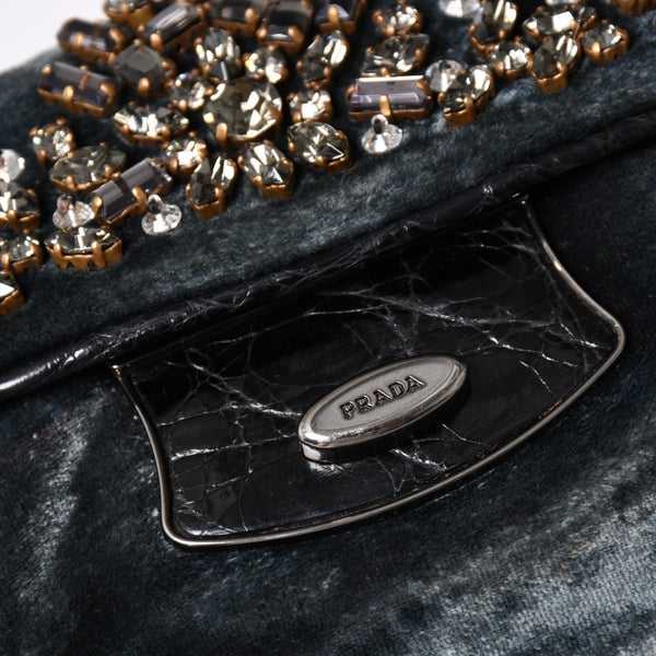 Very good condition PRADA velor one shoulder bag bijou rhinestone logo dark green silver hardware used 4a002150