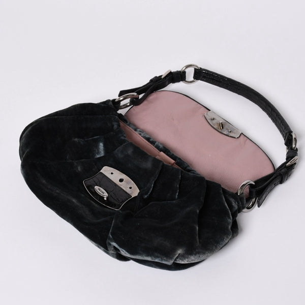 Very good condition PRADA velor one shoulder bag bijou rhinestone logo dark green silver hardware used 4a002150