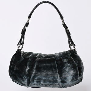 Very good condition PRADA velor one shoulder bag bijou rhinestone logo dark green silver hardware used 4a002150