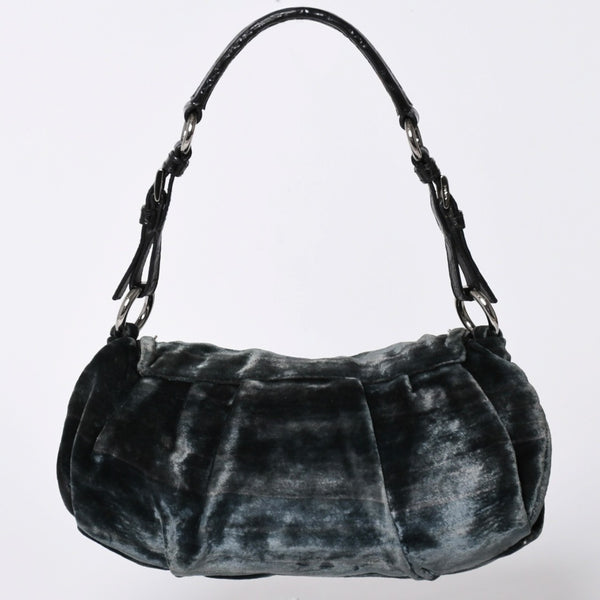 Very good condition PRADA velor one shoulder bag bijou rhinestone logo dark green silver hardware used 4a002150