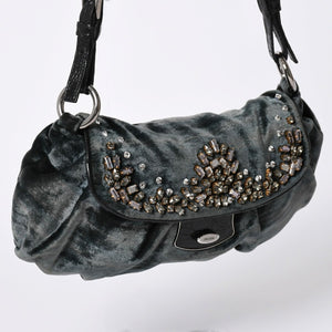 Very good condition PRADA velor one shoulder bag bijou rhinestone logo dark green silver hardware used 4a002150