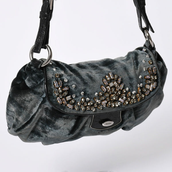 Very good condition PRADA velor one shoulder bag bijou rhinestone logo dark green silver hardware used 4a002150