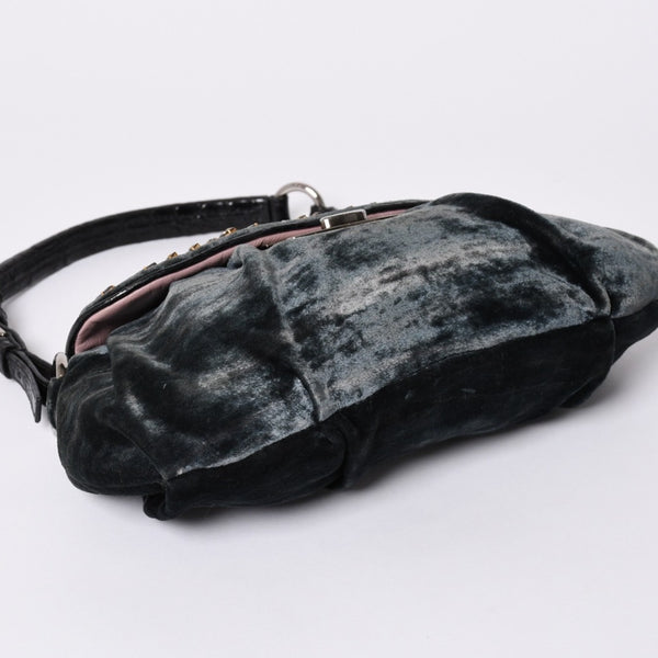 Very good condition PRADA velor one shoulder bag bijou rhinestone logo dark green silver hardware used 4a002150
