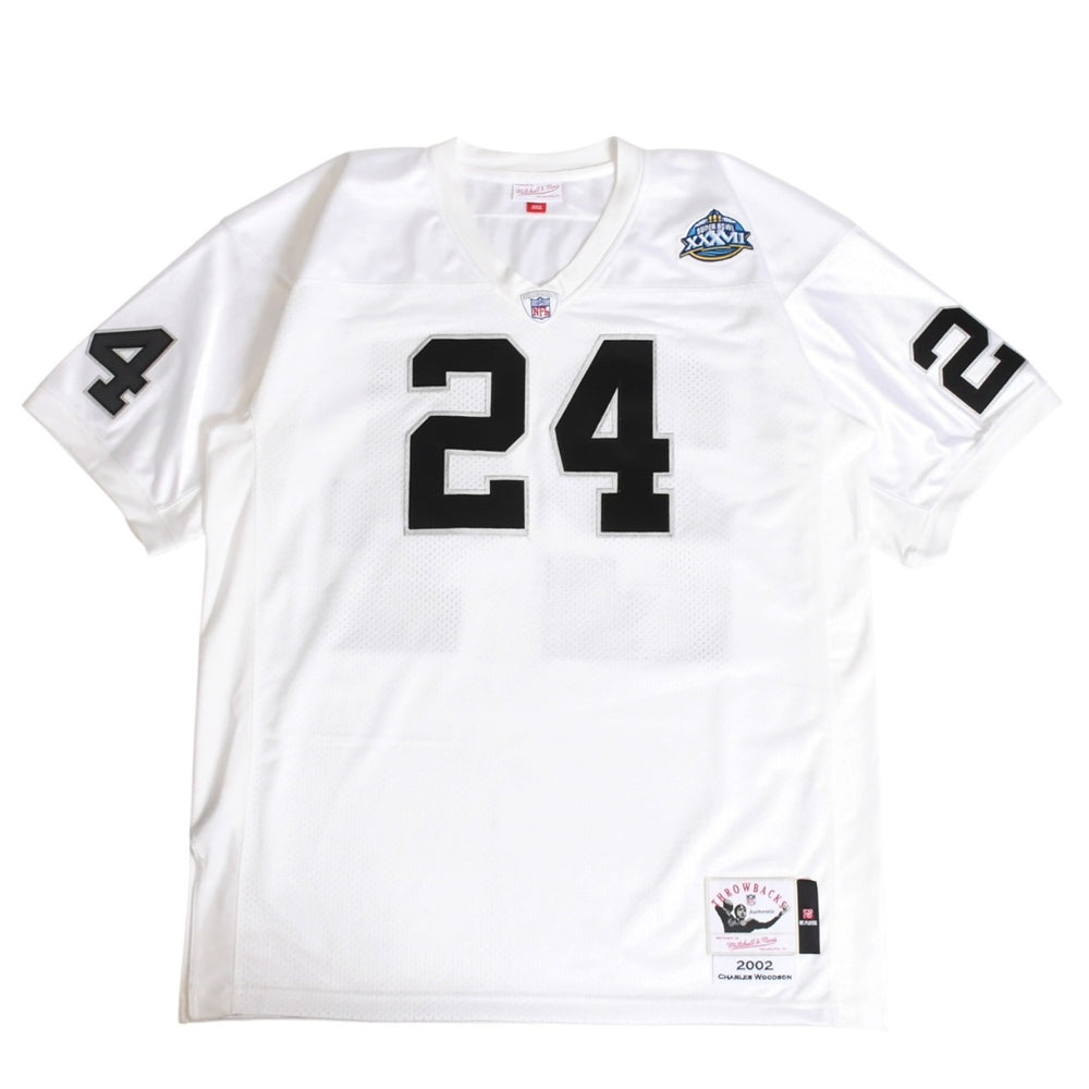 新品同様 Mitchell&Ness ミッチェルアンドネス オーセンティックユニフォーム オークランドレイダース チャールズウッドソン 2002年 スーパーボウル 背番号24 ホワイト ブラック 中古 4a002225