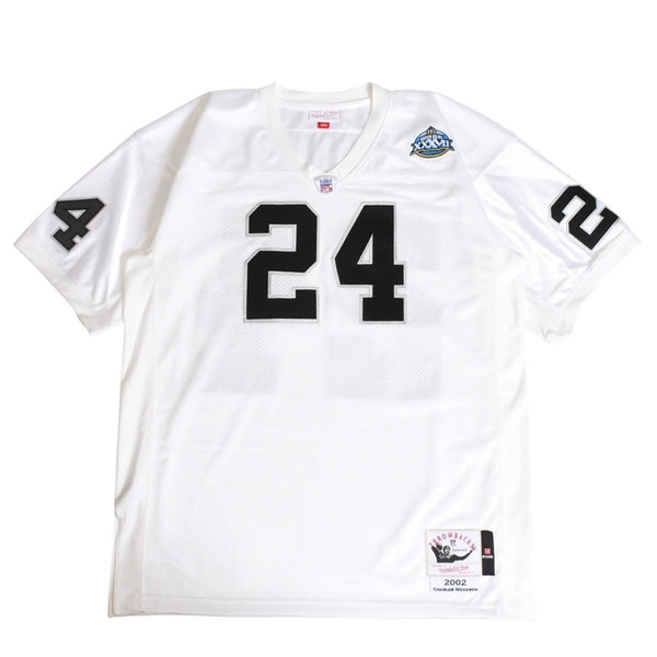 新品同様 Mitchell&Ness ミッチェルアンドネス オーセンティックユニフォーム オークランドレイダース チャールズウッドソン 2002年 スーパーボウル 背番号24 ホワイト ブラック 中古 4a002225
