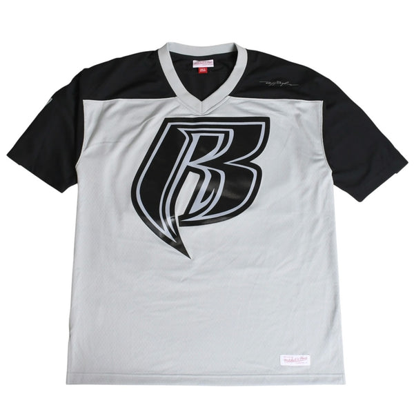 新品同様 Mitchell&Ness ミッチェルアンドネス 50th Anniversary of Hip-Hop Ruff Rydersフットボールジャージ ラフライダース ブラック グレー XLサイズ 中古 4a002267