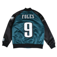 画像をギャラリービューアに読み込む, 新品同様 Mitchell&amp;Ness ミッチェルアンドネス NFL フィラデルフィア イーグルス サテンバーシティジャケット ニックフォールズ 9番 スタジアムジャケット ミッドナイトグリーン Lサイズ 中古 4a002792