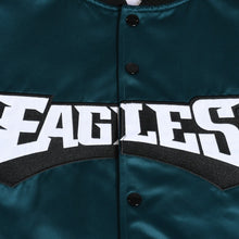 画像をギャラリービューアに読み込む, 新品同様 Mitchell&amp;Ness ミッチェルアンドネス NFL フィラデルフィア イーグルス サテンバーシティジャケット ニックフォールズ 9番 スタジアムジャケット ミッドナイトグリーン Lサイズ 中古 4a002792