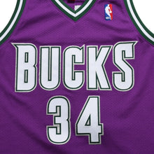 画像をギャラリービューアに読み込む, 新品同様 Mitchell&amp;Ness ミッチェルアンドネス ロードスウィングマンジャージ ミルウォーキーバックス レイアレン 2000-01 背番号34 Mサイズ パープル ホワイト グリーン 中古 4a002218
