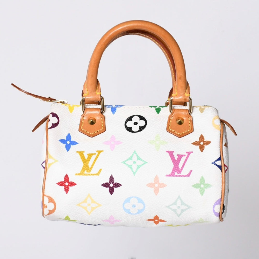 LOUIS VUITTON Monogram Multicolor Mini Speedy Handbag M92645 PVC Tanned Leather White Takashi Murakami Good Condition Used 4a002390