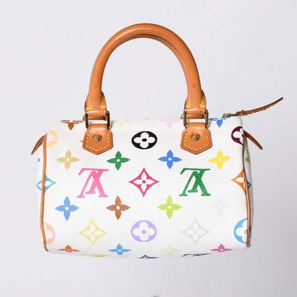 LOUIS VUITTON ルイヴィトン モノグラム マルチカラー ミニスピーディ ハンドバッグ M92645 PVC ヌメ革 ホワイト 村上隆 美品 中古 4a002390