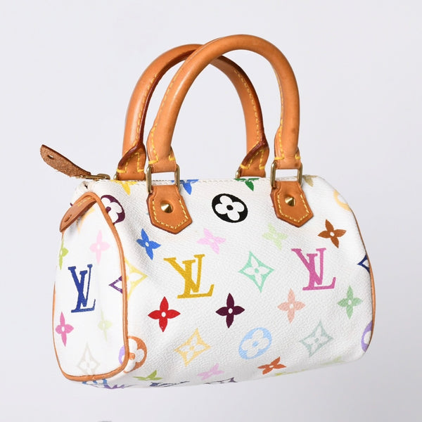 LOUIS VUITTON ルイヴィトン モノグラム マルチカラー ミニスピーディ ハンドバッグ M92645 PVC ヌメ革 ホワイト 村上隆 美品 中古 4a002390