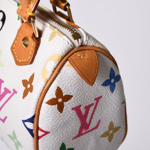 LOUIS VUITTON ルイヴィトン モノグラム マルチカラー ミニスピーディ ハンドバッグ M92645 PVC ヌメ革 ホワイト 村上隆 美品 中古 4a002390