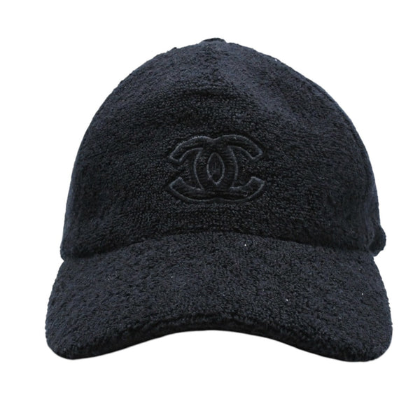 極美品 CHANEL シャネル ココマーク刺繍入りパイル地キャップ ブラックパイル素材 ココビーチ タオル地 ココマーク キャップ 中古 4a001941