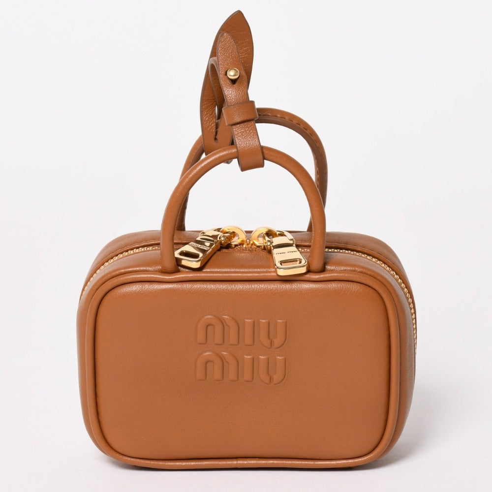 極美品 Miu Miu ミュウミュウ ボーレザーマイクロバッグ ブラウン ミニポーチ ミニバックチャーム レザー 5NR036 ゴールド金具 中古 4a003388