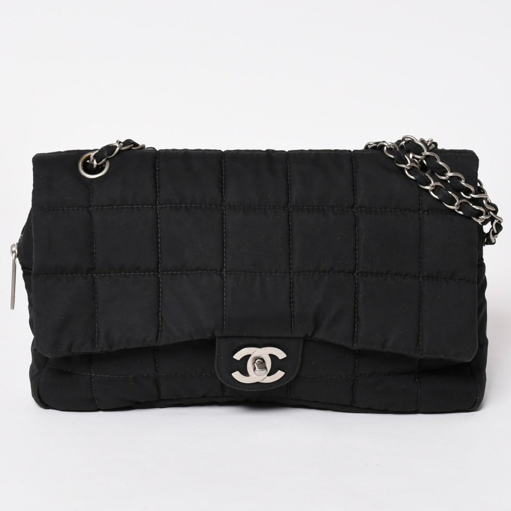 CHANEL Chanel Matelasse Chocolate Bar Shoulder Bag No. 7 Coco Mark Nylon Black Silver Hardware Good Condition Used 4a003361