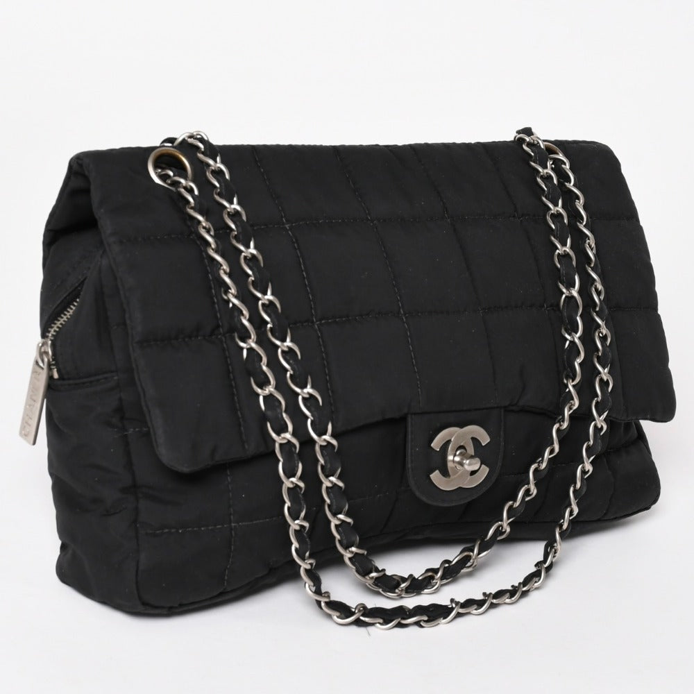 CHANEL Chanel Matelasse Chocolate Bar Shoulder Bag No. 7 Coco Mark Nylon Black Silver Hardware Good Condition Used 4a003361