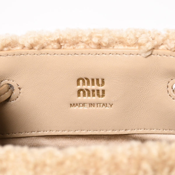 新品未使用 Miu Miu ミュウミュウ シープスキン巾着ショルダーバッグ 5NF460 ボア バケットバッグ ベージュ ゴールド金具 中古 4a002337