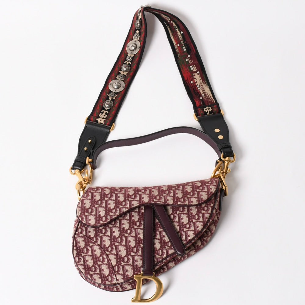 極美品 Christian Dior クリスチャンディオール ショルダーバッグ サドルバッグ トロッター コットンキャンバス オブリークジャガード ボルドー 中古 4a003325