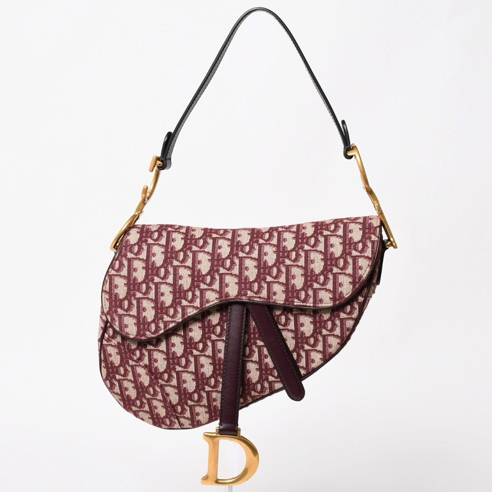 極美品 Christian Dior クリスチャンディオール ショルダーバッグ サドルバッグ トロッター コットンキャンバス オブリークジャガード ボルドー 中古 4a003325