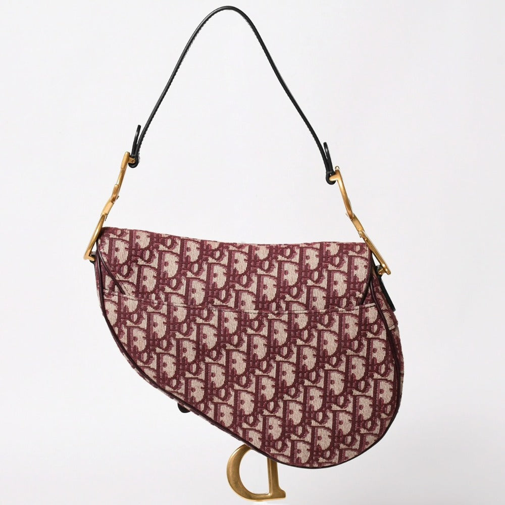 Very Good Condition Christian Dior Shoulder Bag Saddle Bag Trotter Cotton Canvas Oblique Jacquard Bordeaux Used 4a003325