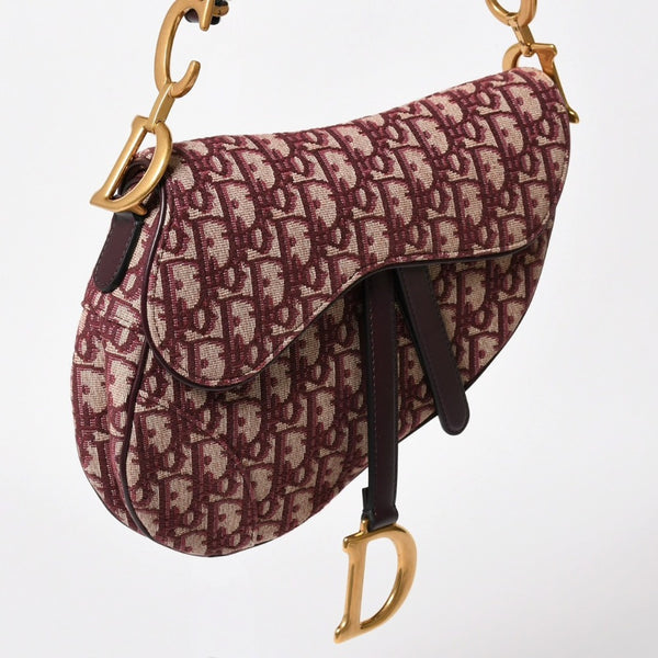 極美品 Christian Dior クリスチャンディオール ショルダーバッグ サドルバッグ トロッター コットンキャンバス オブリークジャガード ボルドー 中古 4a003325
