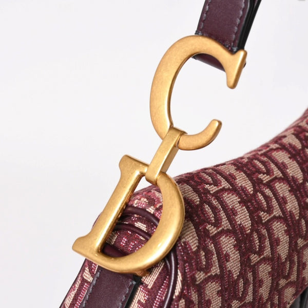 極美品 Christian Dior クリスチャンディオール ショルダーバッグ サドルバッグ トロッター コットンキャンバス オブリークジャガード ボルドー 中古 4a003325