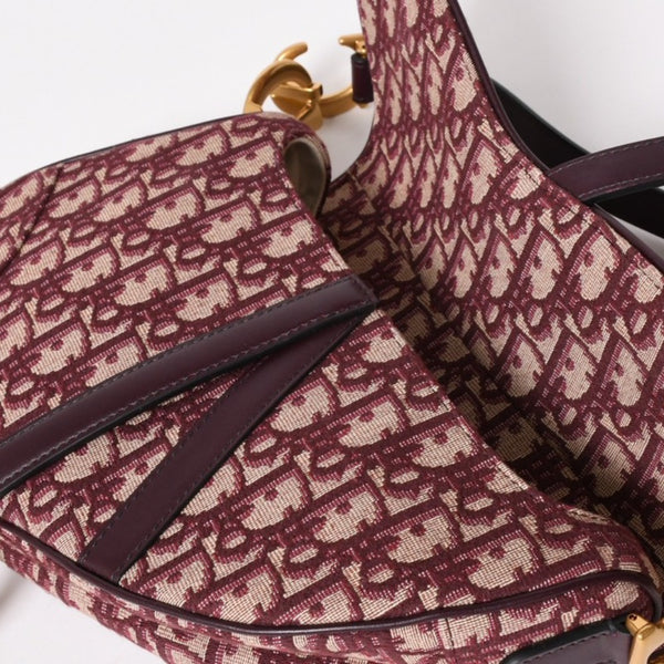 極美品 Christian Dior クリスチャンディオール ショルダーバッグ サドルバッグ トロッター コットンキャンバス オブリークジャガード ボルドー 中古 4a003325