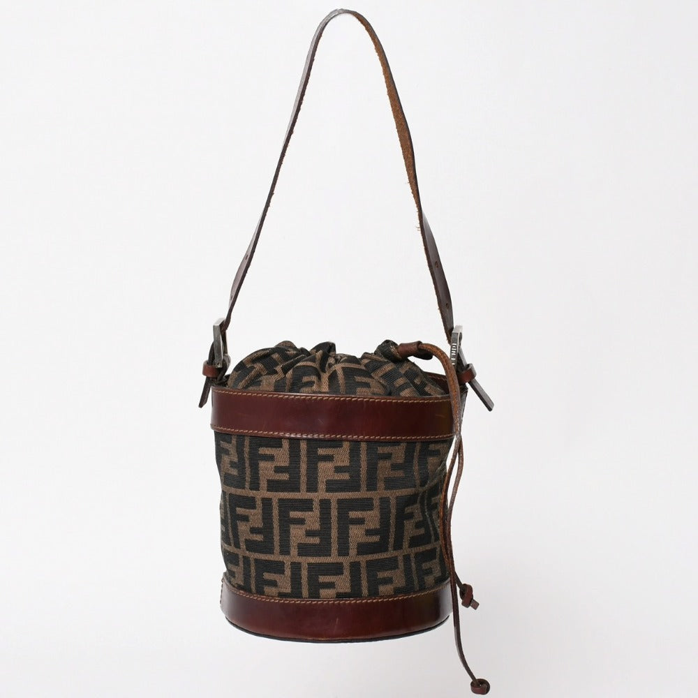 FENDI フェンディ ズッカ柄 バケットバッグ 巾着型ハンドバッグ ショルダーバッグ キャンバス レザー ブラウン シルバー金具 美品 中古 4a002914