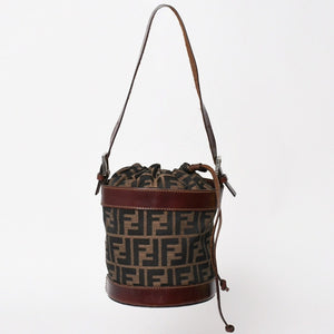 FENDI フェンディ ズッカ柄 バケットバッグ 巾着型ハンドバッグ ショルダーバッグ キャンバス レザー ブラウン シルバー金具 美品 中古 4a002914