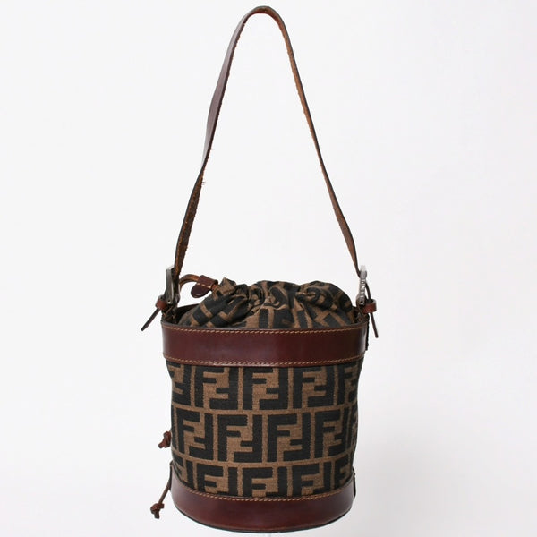 FENDI フェンディ ズッカ柄 バケットバッグ 巾着型ハンドバッグ ショルダーバッグ キャンバス レザー ブラウン シルバー金具 美品 中古 4a002914