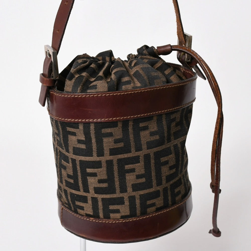 FENDI Zucca pattern bucket bag drawstring handbag shoulder bag canvas leather brown silver hardware mint condition used 4a002914