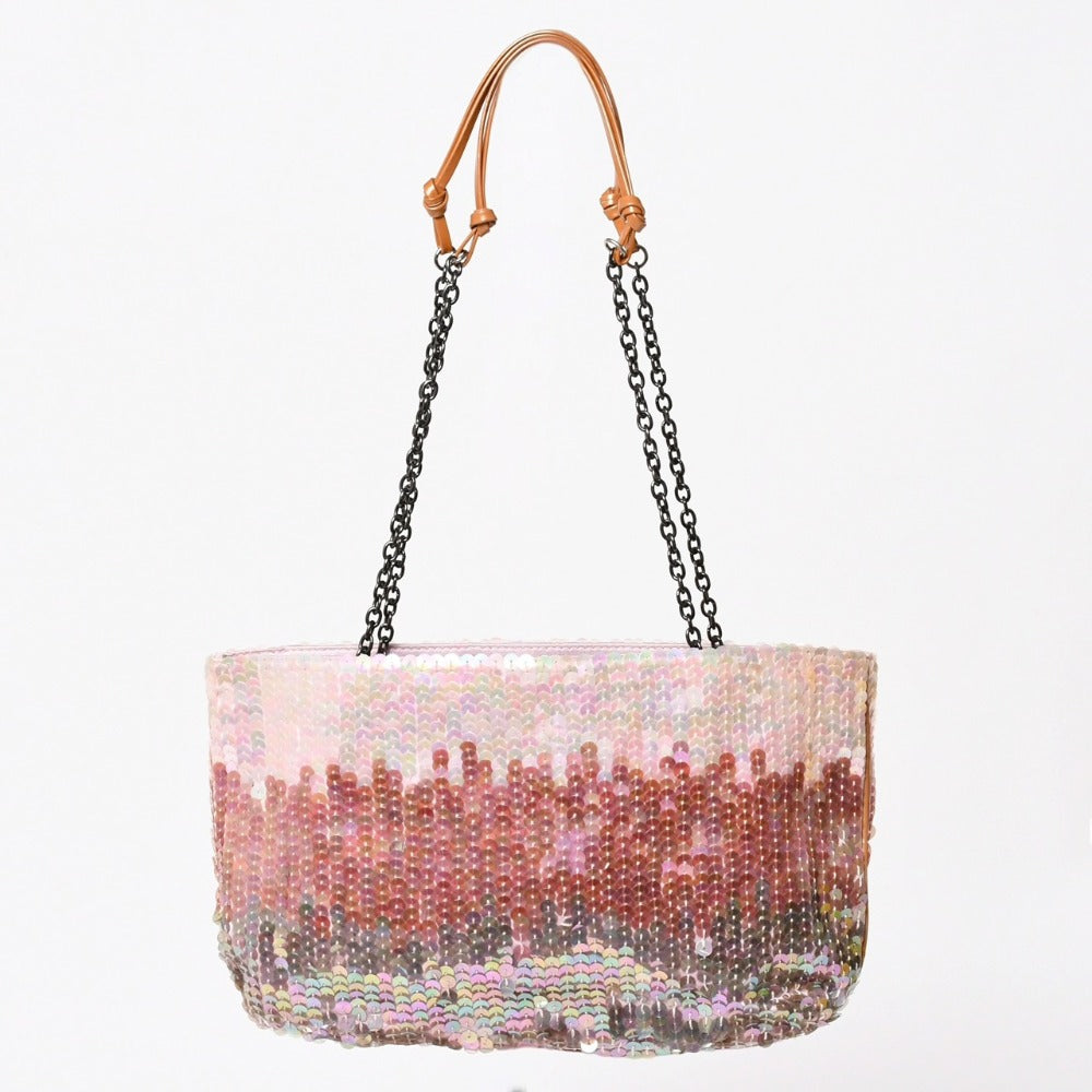 PRADA プラダ ワンショルダーバッグ スパンコール サテン レザー ピンク グラデーション ブラック金具 イタリア製 美品 中古 4a002916
