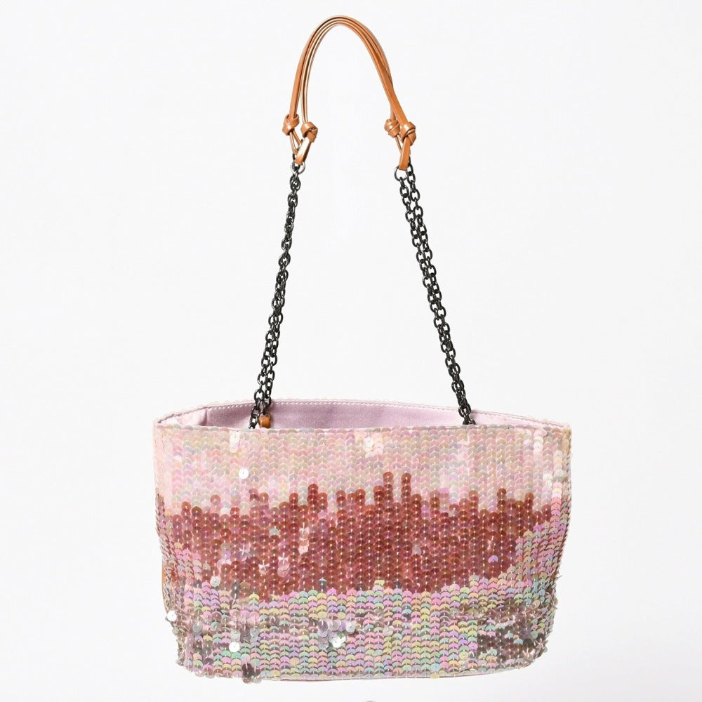 PRADA プラダ ワンショルダーバッグ スパンコール サテン レザー ピンク グラデーション ブラック金具 イタリア製 美品 中古 4a002916