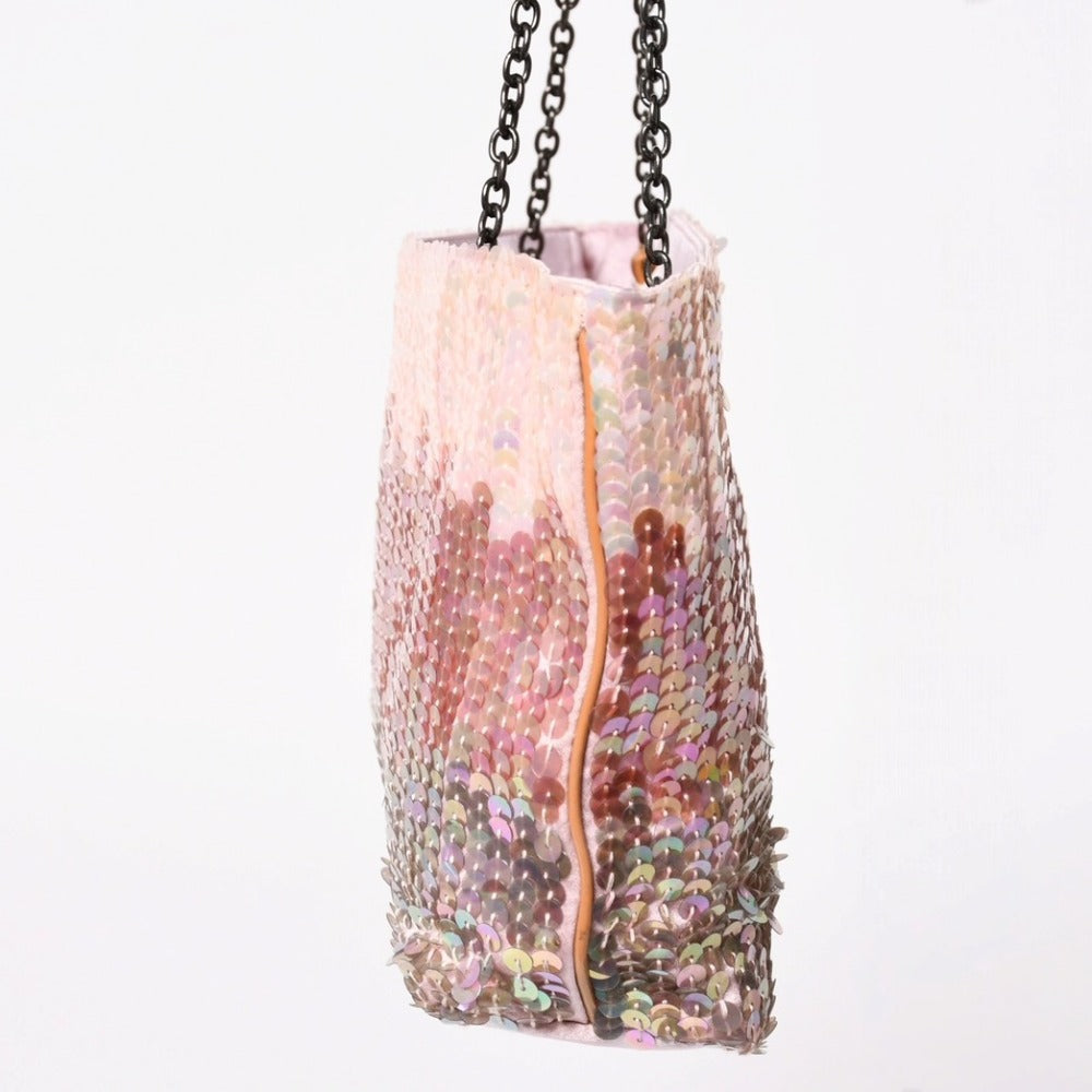 PRADA プラダ ワンショルダーバッグ スパンコール サテン レザー ピンク グラデーション ブラック金具 イタリア製 美品 中古 4a002916