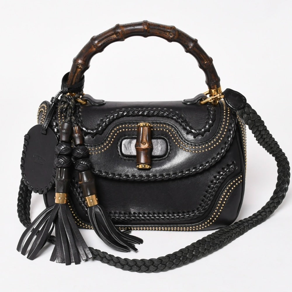 極美品 GUCCI グッチ ニューバンブーレザー2WAYハンドバッグ ジャンニーニ ウッドハンドル ショルダーバッグ ゴールド金具 263970 中古 4a003289
